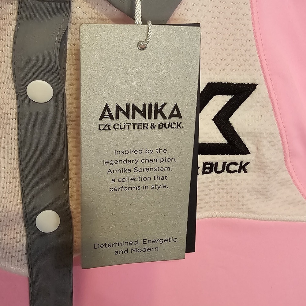 Annika Cutter & Buck Womens S/P Pink Gray White Golf Polo Shirt 4 Button - Picture 7 of 12